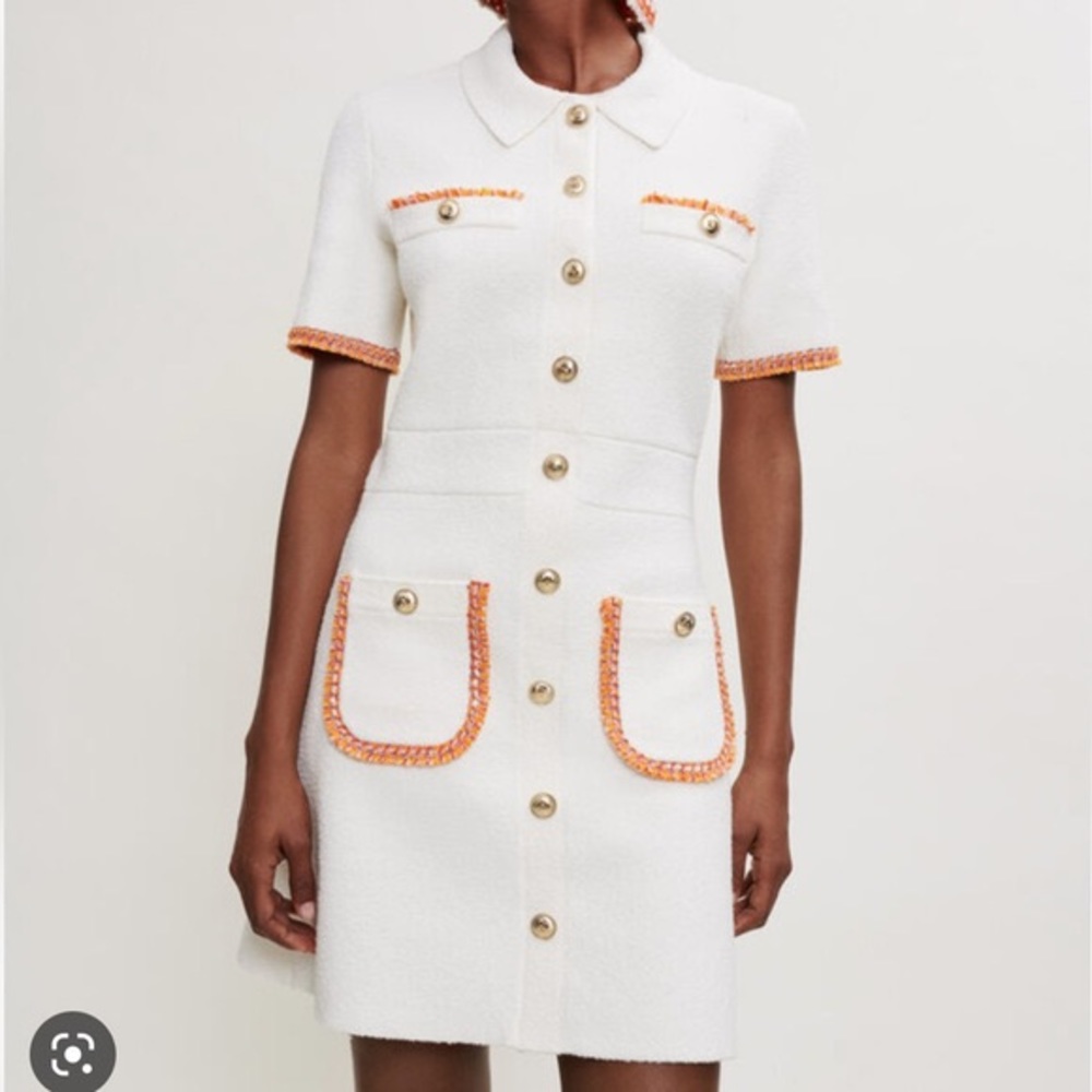Maje White Short-Sleeve Tweed Dress with Orange Trim